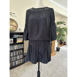 Ramy Brook Women's Sheer Silk Belted Dress Navy Blue Drop Waist Tiered Sleeves